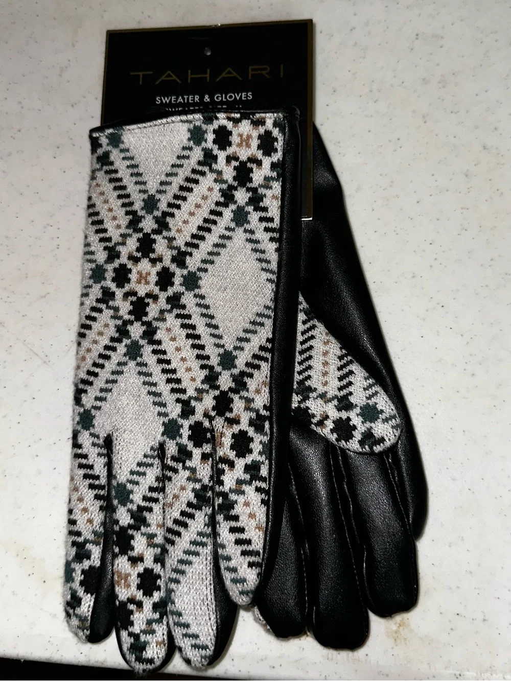 Tahari Plaid Knit Faux Leather Gloves Cream Black Green Gold NWT